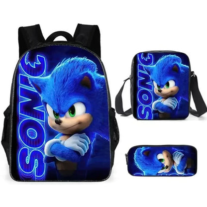 3PC Cartoon School Bag Set – Sonic Lunch Bag, Pencil Case & Backpack for Primary & Middle School Students