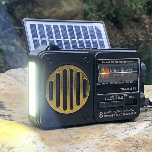 Portable Solar Emergency Radio – FM/AM/SW1-6 Multi-Band Receiver with Bluetooth Speaker, Flashlight, TF Card & USB MP3 Player Outdoor Survival Device