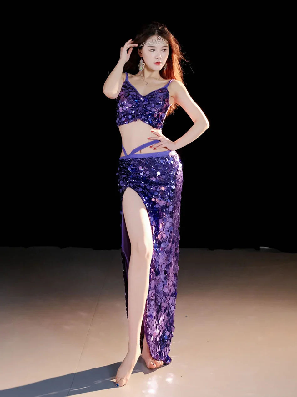 2-Piece Belly Dance Costume Set for Women – Sexy Sequin Top & Skirt Outfit for Stage Performance & Training