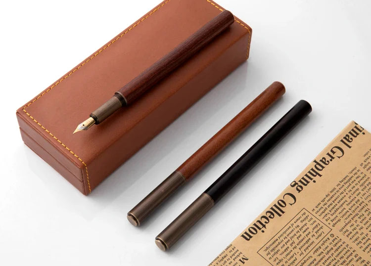 Luxury Retro Wood & Bronze Fountain Pen – 0.5mm Calligraphy Ink Pen for Office, Business & Gift Stationery