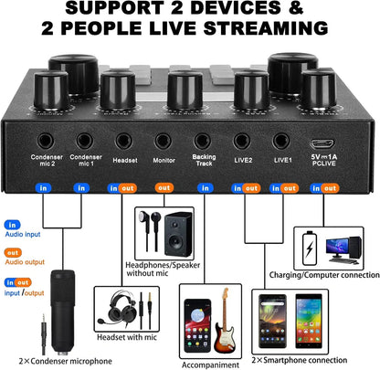 V8S Live Sound Card Podcast Kit - DJ Broadcast Audio Mixer with BM800 Microphone for Music Recording & Live Streaming