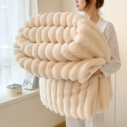 Simplicity Solid Color Flannel Blanket – Thick Wide Stripe Multifunctional Warm Blanket for Autumn & Winter