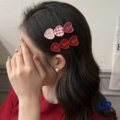 Cute Love Button Hair Clips - Sweet Check Duckbill Side Bangs Clips for Women Girly Hair Accessories