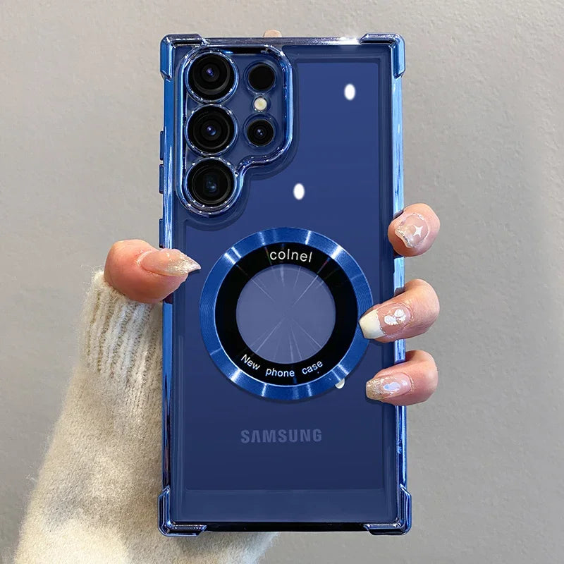 Samsung Galaxy S25 S24 Ultra S23 FE S22 Plus Magnetic Wireless Charging Clear Shockproof Plating Case with Camera Protection