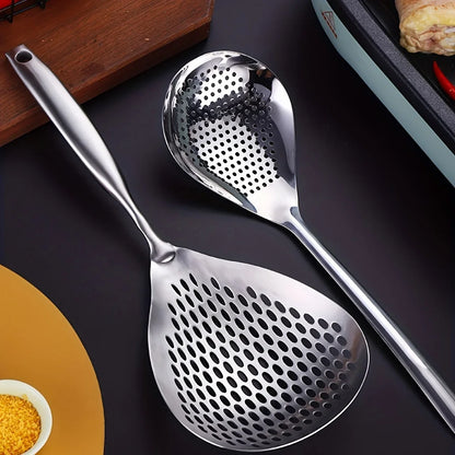 201 Stainless Steel Kitchen Strainer with Wood Handle – Pepper Seasoning Colander, Sieve & Cooking Scoop Spoon
