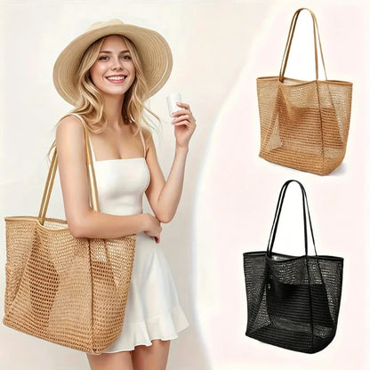 Women's Large Capacity Beach Tote Bag - Durable Polyester Woven Shoulder Bag for Travel & Shopping