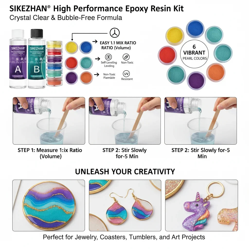 Crystal Clear Epoxy Resin Kit - AB Resin Glue with 6 Color Mica Powder for DIY Jewelry, Nail Art, Soap & Craft Casting