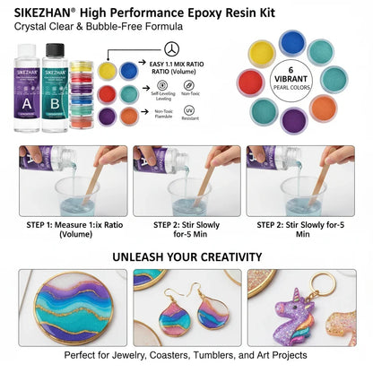 Crystal Clear Epoxy Resin Kit - AB Resin Glue with 6 Color Mica Powder for DIY Jewelry, Nail Art, Soap & Craft Casting