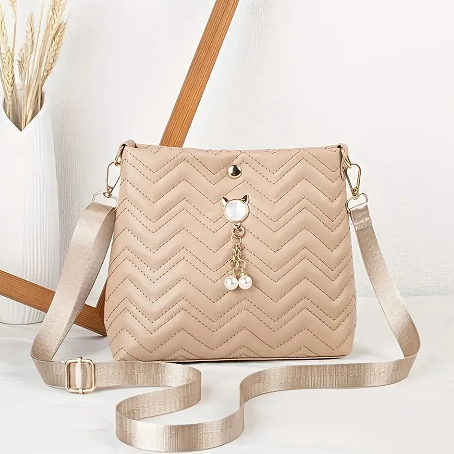Women's Quilted Crossbody Bag - Cat Pearl Pendant Shoulder Purse Elegant Handbag for Gifts & Daily Style