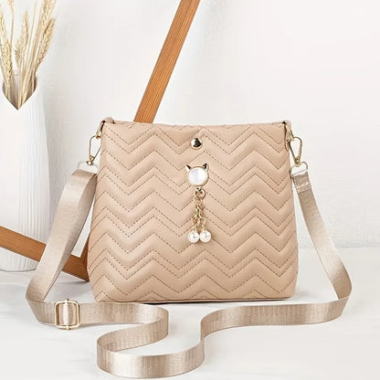 Women's Quilted Crossbody Bag - Cat Pearl Pendant Shoulder Purse Elegant Handbag for Gifts & Daily Style
