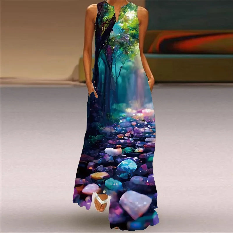 Vintage Boho Maxi Dress - Women's Summer V Neck Sleeveless Long Sundress with Pockets