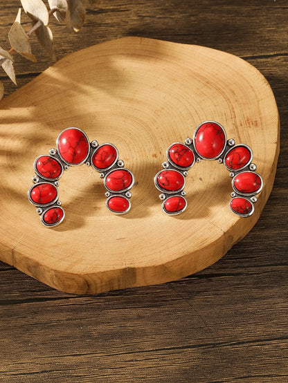 Vintage Tribal Gemstone Earrings - Women's Ethnic Style Rose Red Blue Fashion Jewelry Gift