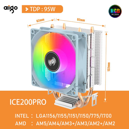 Aigo ICE200PRO CPU Air Cooler — 2 Heatpipe Radiator with 3-Pin PWM Quiet Fan for Intel LGA 115X/1200/1700 & AMD AM4/AM5