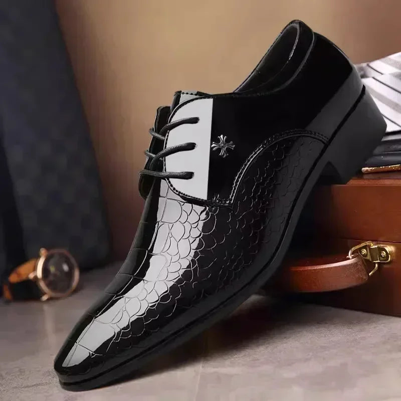 Men’s Italian Oxford Dress Shoes - Pointed Toe Luxury Patent Leather Wedding & Formal Derbies