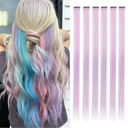 22-Inch Colored Clip-In Hair Extensions – 6pcs Straight Synthetic Party Highlight Hairpieces