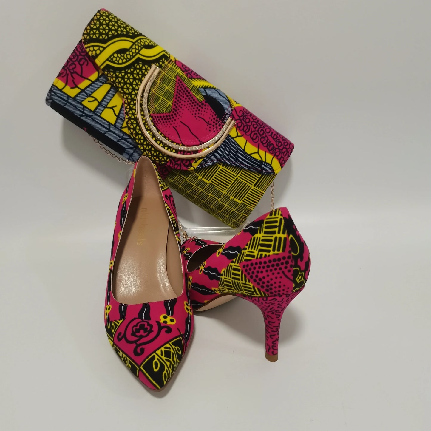 African Ankara Women’s Block Heel Shoes & Purse Set - Nigerian-Inspired Pointed Toe Fashion Accessories