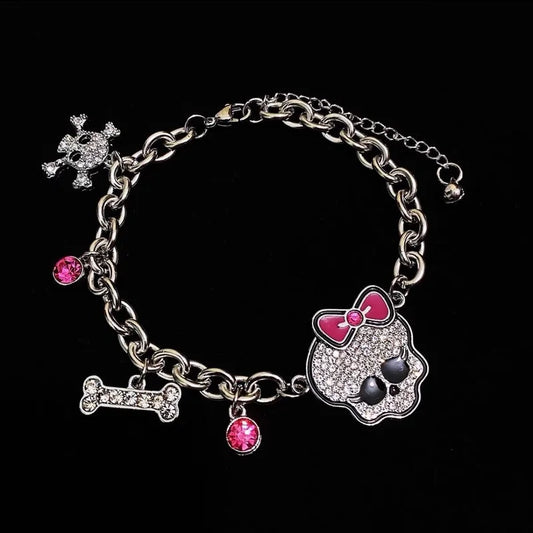 Pink Bow Rhinestone Skull Bracelet - Y2K Gothic Thick Chain Charm Jewelry for Women