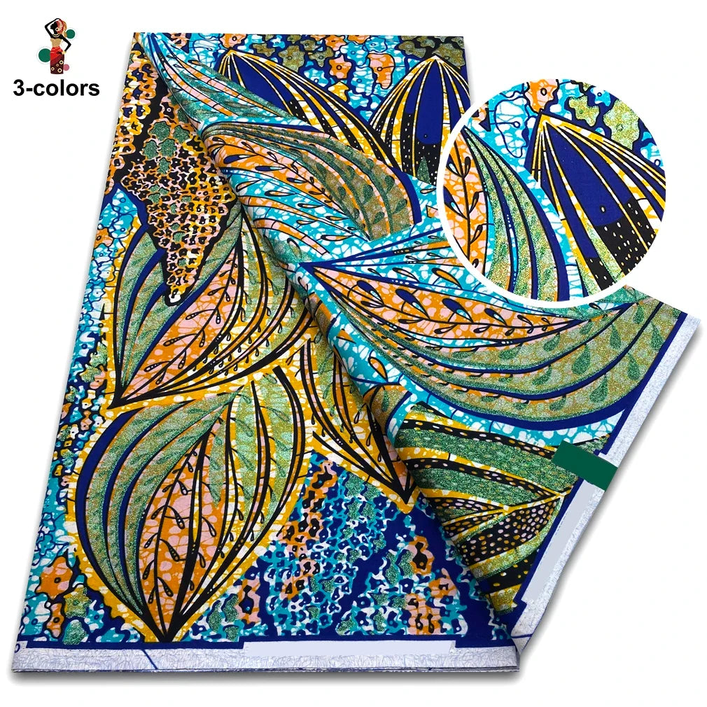 African Glitter Golden Wax Fabric - Nigerian Ankara Gold Print 6 Yards Sewing Material