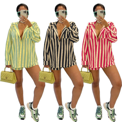 2025 Women’s Casual Striped Shorts & Long Sleeve Shirt Set – Spring Summer Office & Vacation Outfit