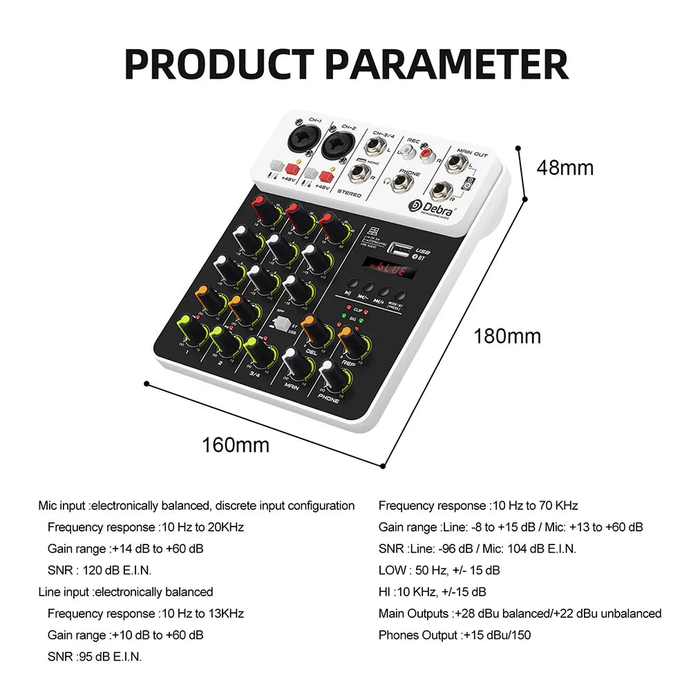 Debra V8 8-Channel Audio Mixer – Bluetooth & USB Mixer with 48V Phantom Power, Delay/Repeat Effects for PC Recording & Sound Console