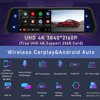 4K 2160P Dash Cam – Car DVR with CarPlay, Android Auto, Rearview Mirror Streaming, GPS, 5G WiFi, FM Radio, AUX