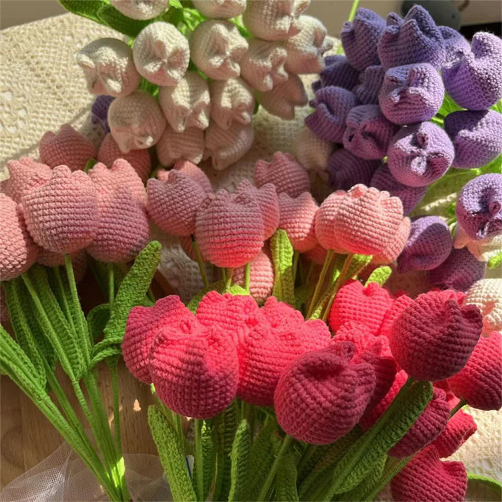 Hand-Knitted Rose, Tulip & Sunflower Bouquet – Crochet Simulation Floral Arrangement for Home Table Decor