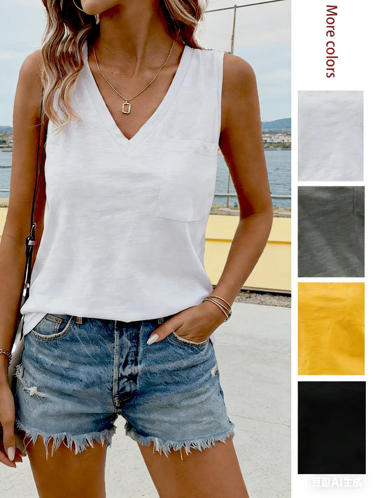 2026 Women’s V-Neck Sleeveless Camisole - Loose Fit Solid Color Casual Versatile Summer Top