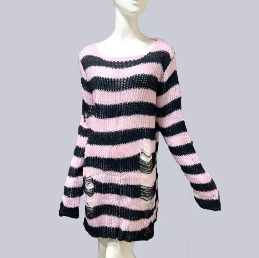 New Punk Gothic Unisex Long Sweater - Summer Striped Hollow Out Jumper for Women - Loose Dark Streetwear Top