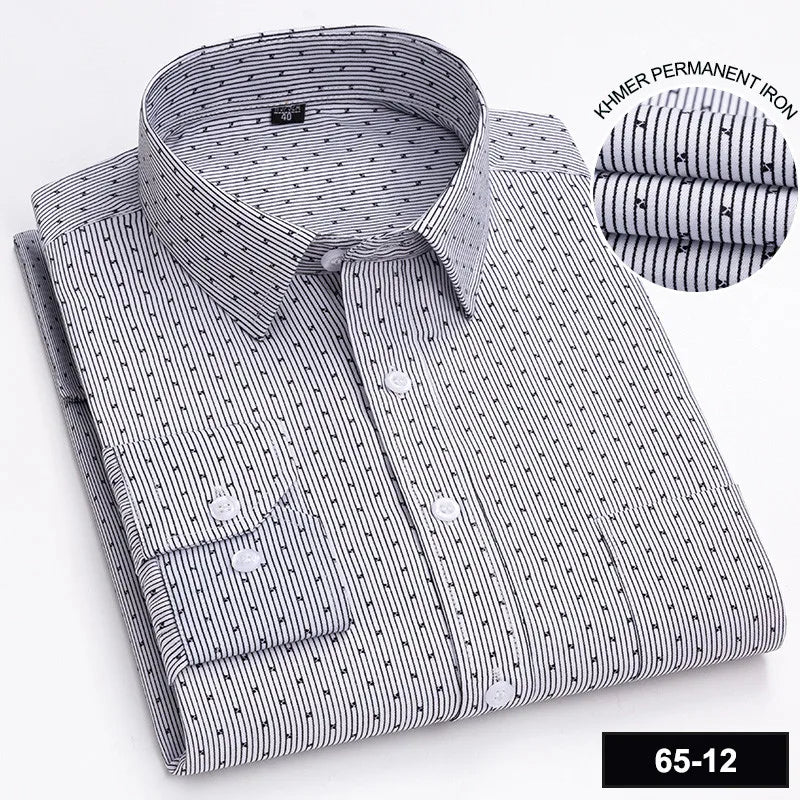 Men’s Plaid Stripe Long Sleeve Shirt - Casual Business Formal Office Shirt with Single Pocket for All Seasons