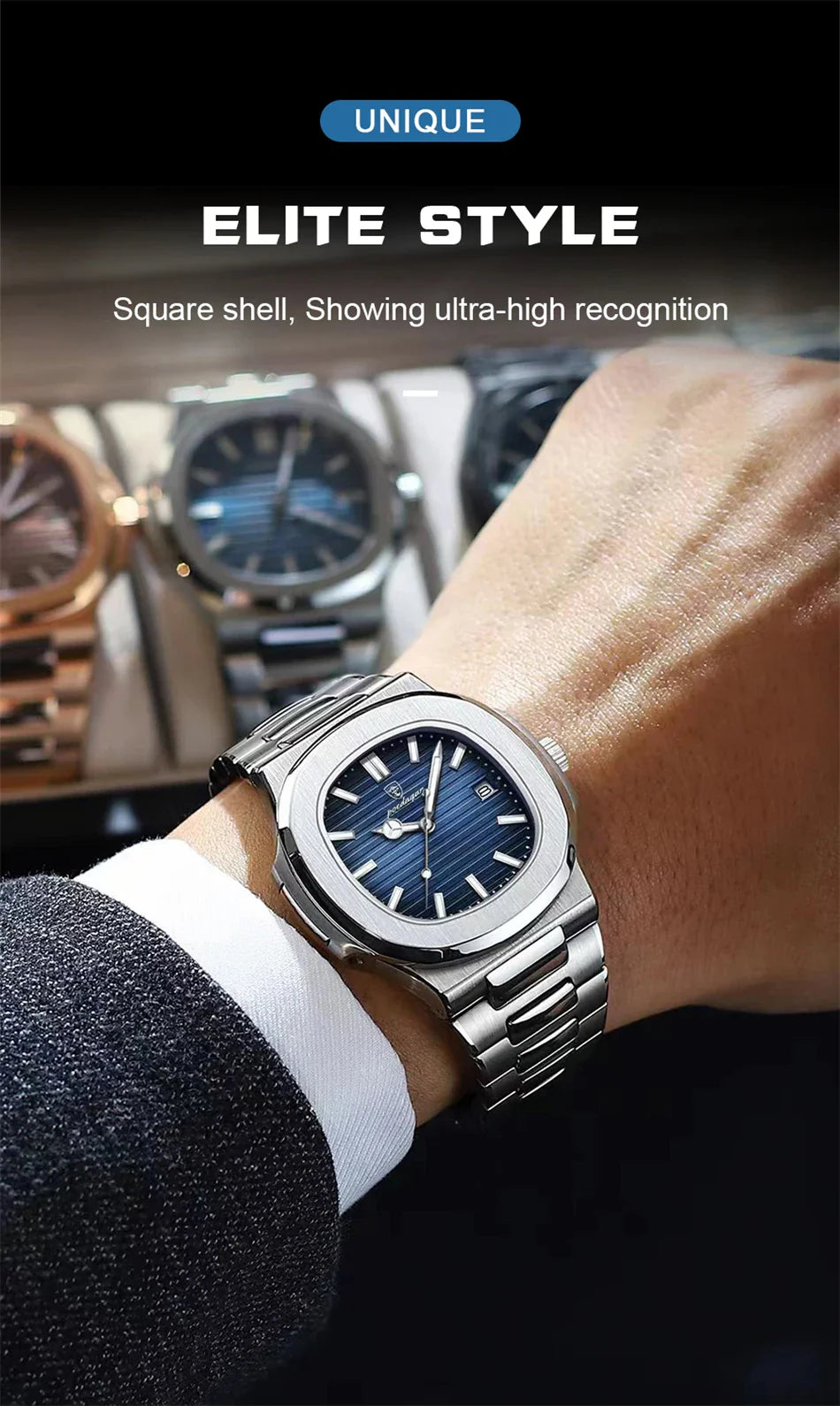 POEDAGAR Luxury Men's Watch – 30ATM Waterproof, Stainless Steel Square Quartz, Luminous Date, Business reloj hombre