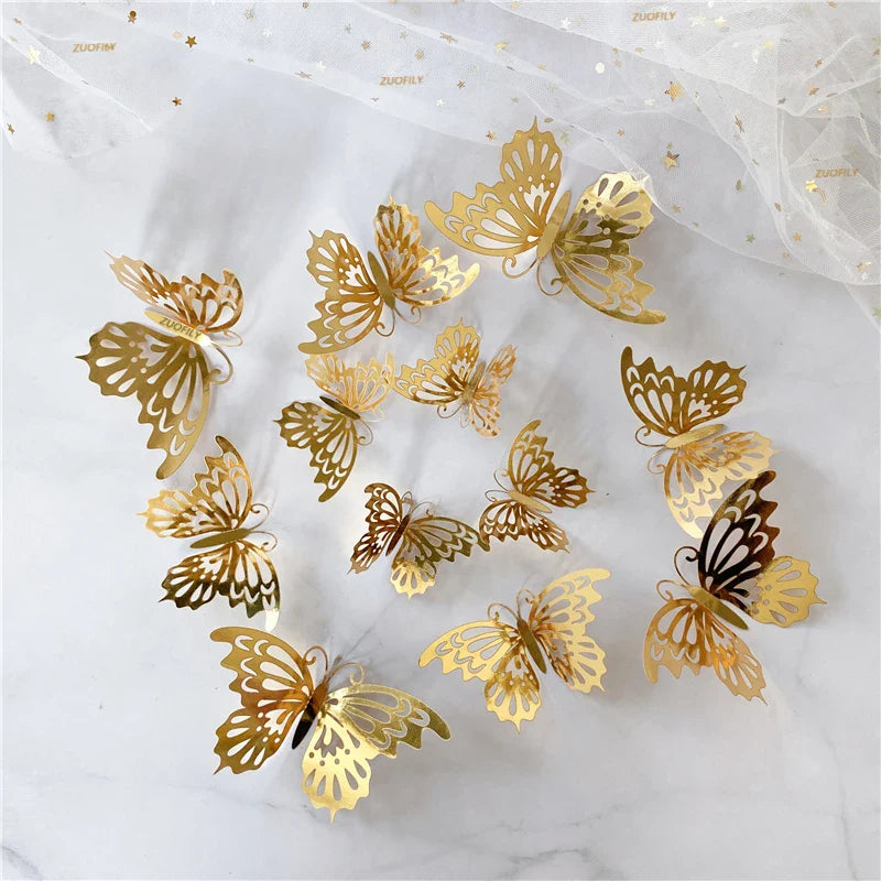 12PCS 3D Hollow Butterfly Wall Stickers – Gold, Silver & Rose Decorative Decals for Wedding, Living Room & Home Decor