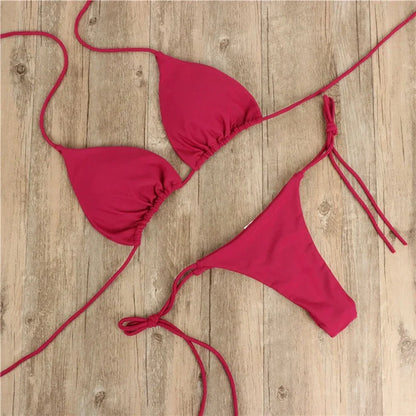 3-Piece Sexy Halter Bikini Set - Solid Color Thong Swimsuit for Beach & Swimwear