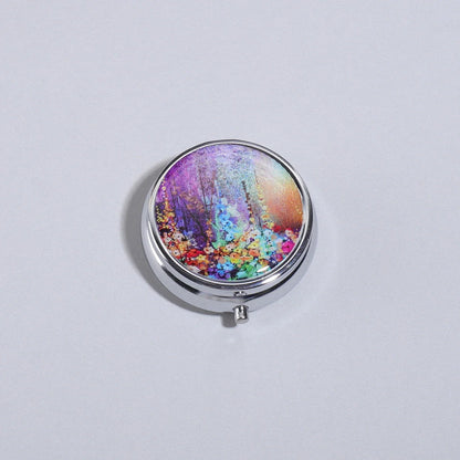 3-Compartment Stainless Steel Pill Box - Round Floral Medicine Organizer, Portable Capsule Case with Dividers