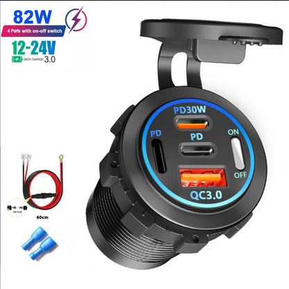 Car USB Fast Charger PD3.0 QC3.0 12/24V Socket with Voltmeter & On/Off Switch, Motorcycle Boat Auto Charging Adapter Accessory