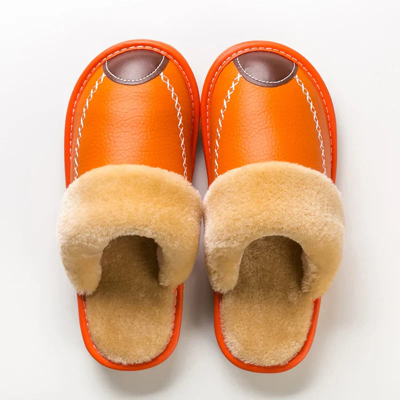 Men’s Winter Leather Slippers — Waterproof, Thick Velvet Cotton Indoor Home Shoes, Warm Bedroom Footwear