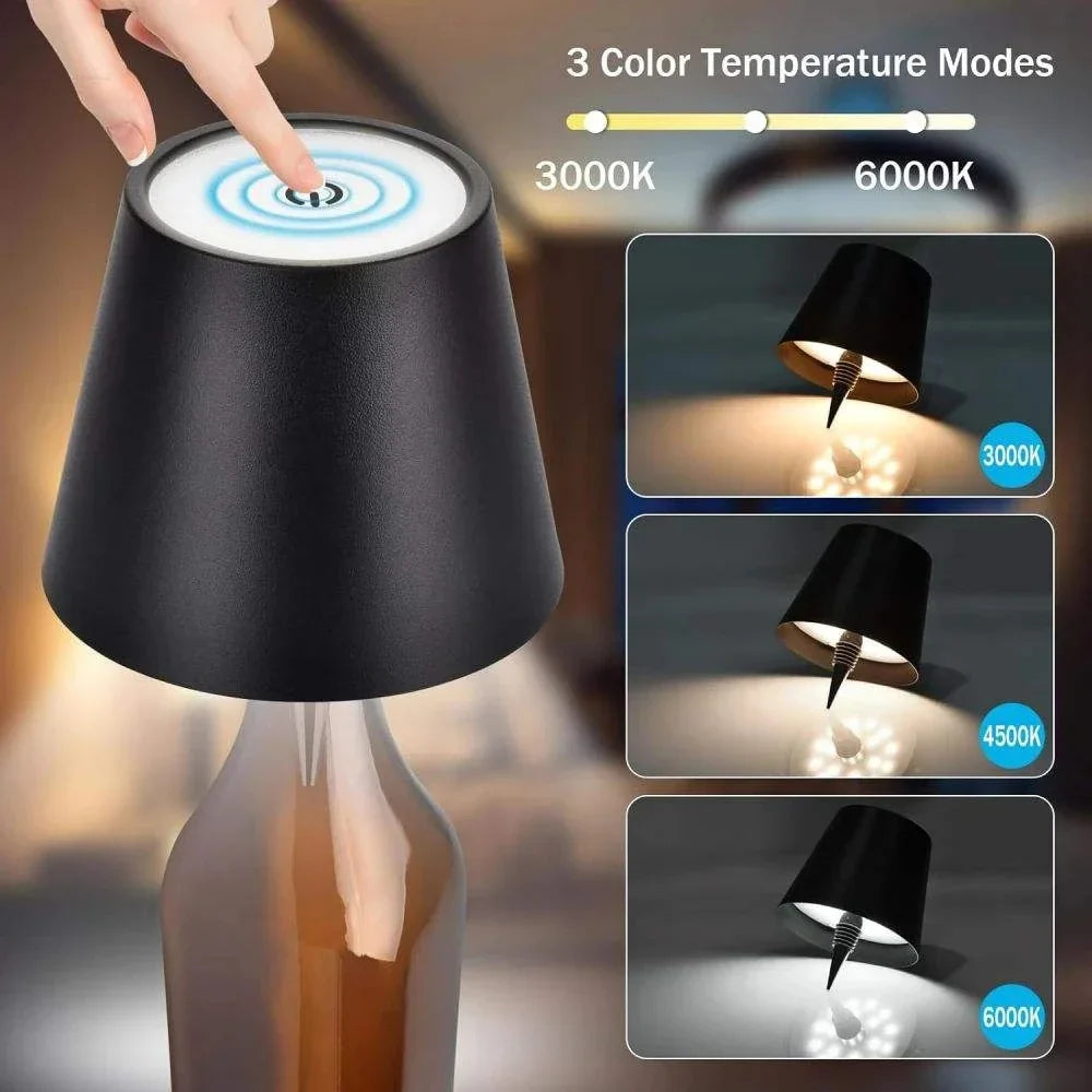 USB Rechargeable Bottle Table Lamp – Touch Control Night Light with 3-Color Stepless Dimming for Bar & Desk