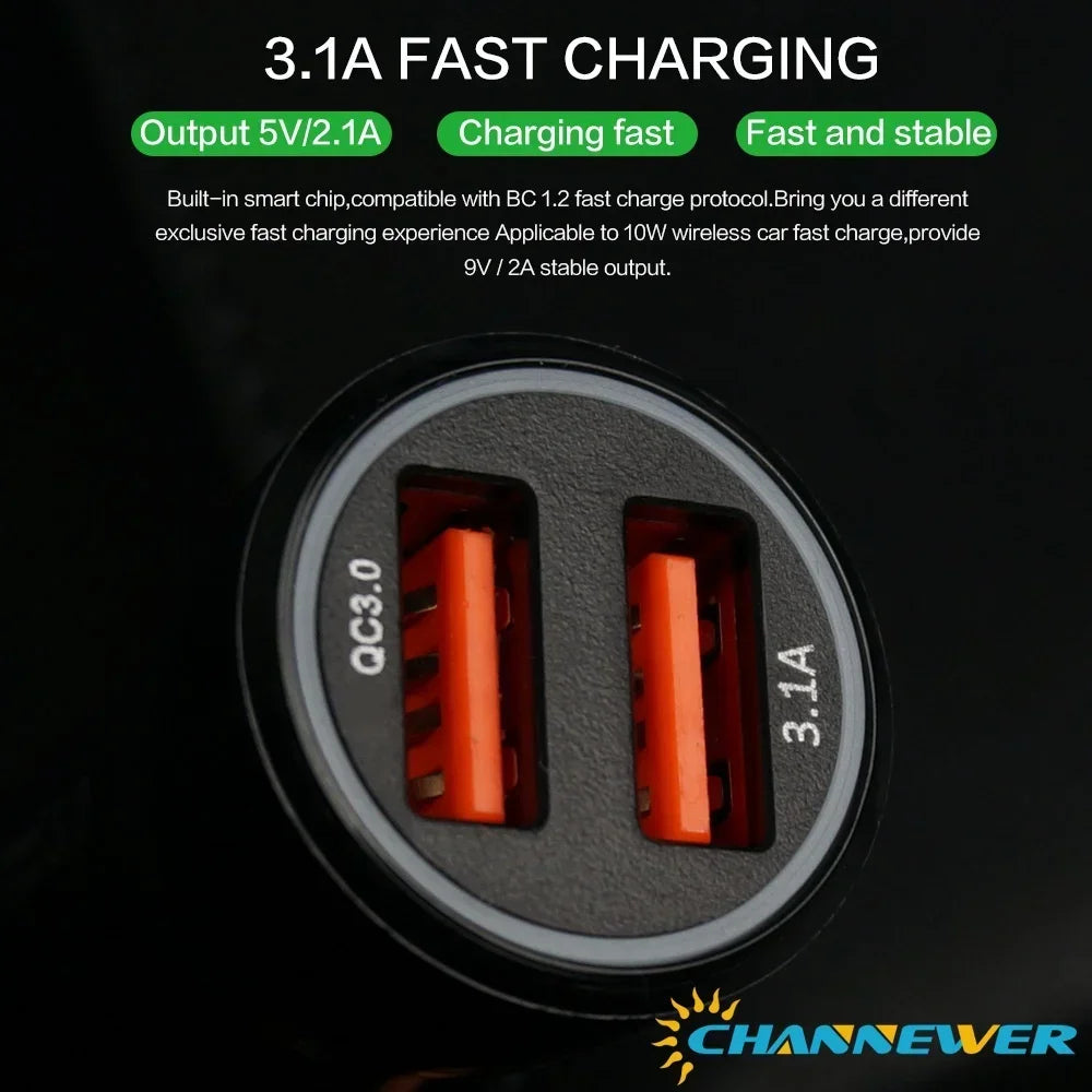 33W Dual USB Fast Car Charger Adapter Smart IC 3.1A Flush Fit Cigarette Lighter Power Supply for Vehicles with High-Speed Charging Support