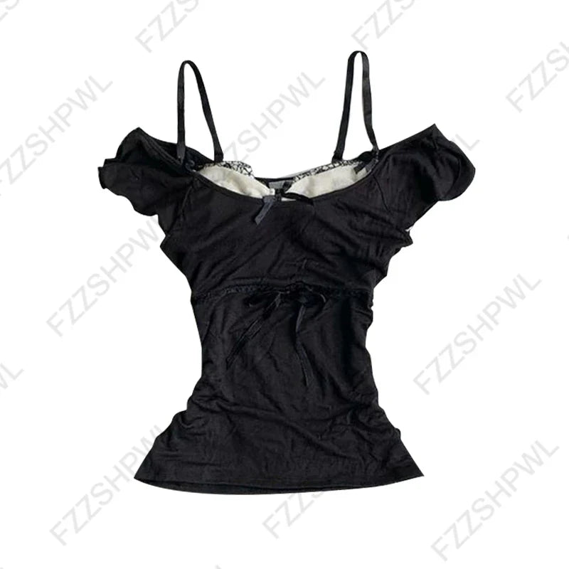 Women’s Grunge Punk Gothic Camisole Top – Y2K V-Neck Bow Lace Slim Fit Crop Cami Streetwear