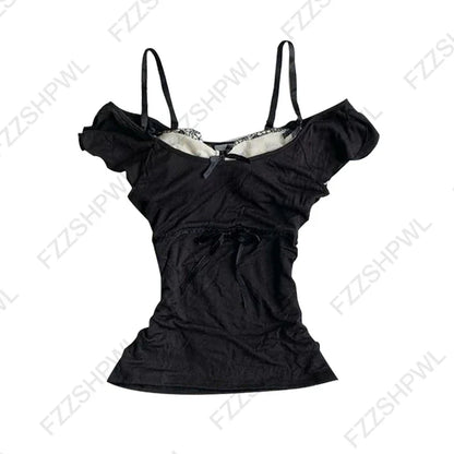 Women’s Grunge Punk Gothic Camisole Top – Y2K V-Neck Bow Lace Slim Fit Crop Cami Streetwear