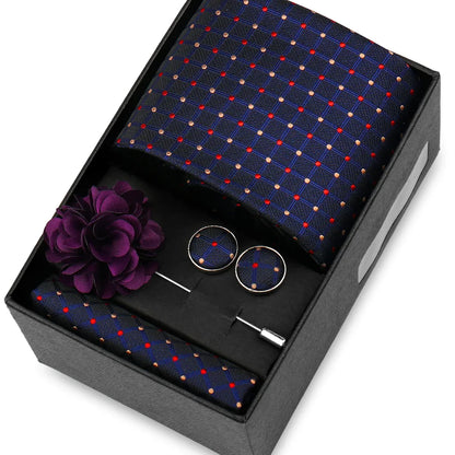 Elegant Men’s Necktie Gift Set - Fashion Tie with Handkerchief, Cufflinks & Brooch Pin Accessories for Business & Wedding