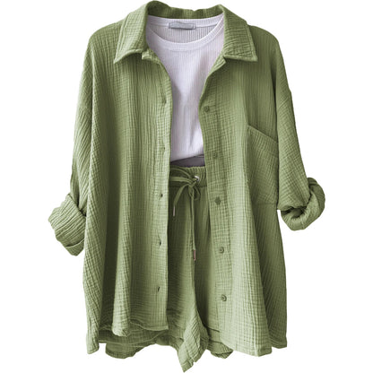 2025 Women’s Summer Two-Piece Set – Solid Color Casual Loose Short Pants & Top Outfit