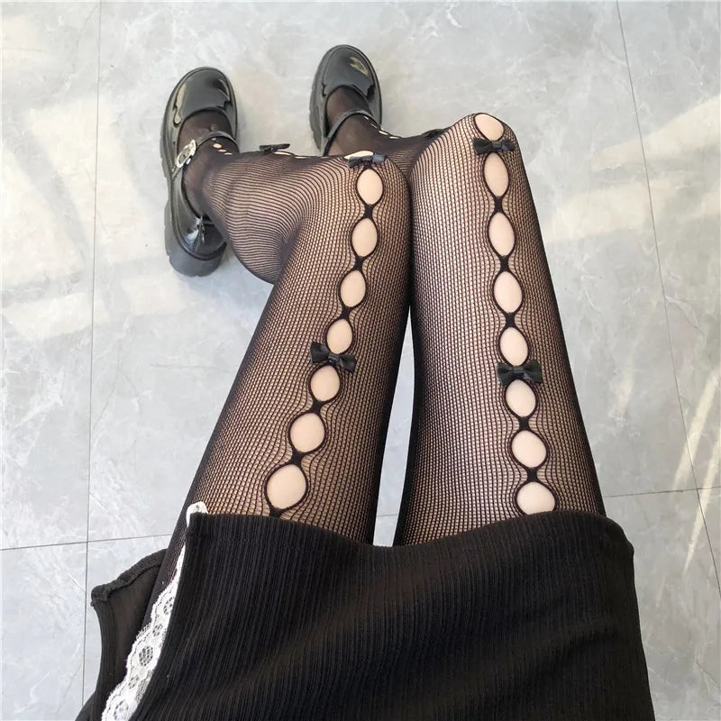 Bowknot Lace Fishnet Pantyhose - Y2K Hollow Out Tights for Women