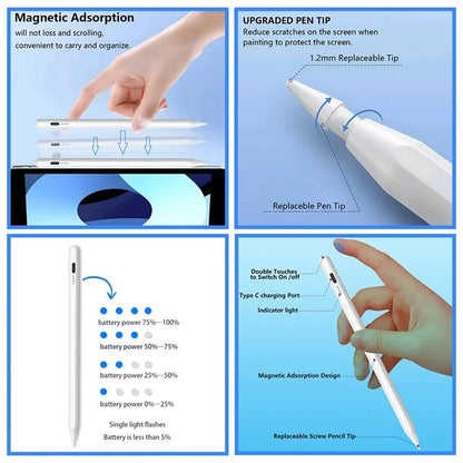 Apple Pencil Stylus Pen - Palm Rejection Digital Pencil with Power Display for iPad Pro, Air, Mini & 2018-2022 Models
