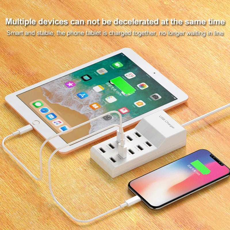 10-Port USB Charging Hub - 5V High-Speed Desktop Charger Strip for Home, Office & Travel