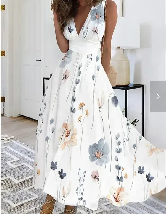 Women's Summer V Neck Maxi Dress - Sleeveless High Waist Elegant Print Dress for Office & Holiday Wear