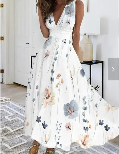 Women's Summer V Neck Maxi Dress - Sleeveless High Waist Elegant Print Dress for Office & Holiday Wear