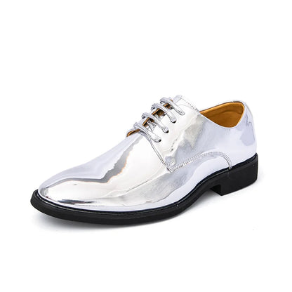 Men’s Luxury Silver Patent Leather Oxford Shoes - Pointed Toe Wedding & Party Dress Shoes 38-50