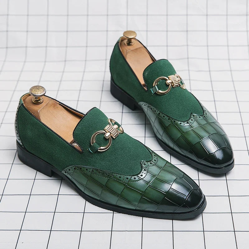 Autumn Green Nubuck Leather Loafers for Men - Slip-On Pointed Toe Casual Shoes with Thick Sole and Luxury Fashion Style