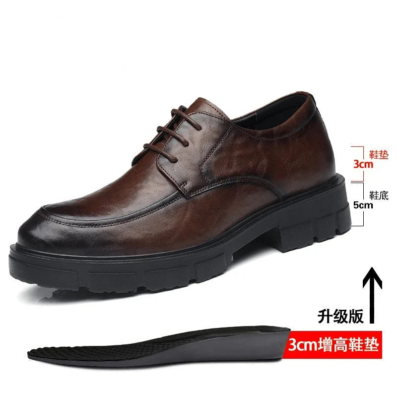 Men’s Cow Leather Dress Shoes with Platform Heel - British Style Casual Wedding & Groom Shoes, Breathable Fashion Formal Footwear