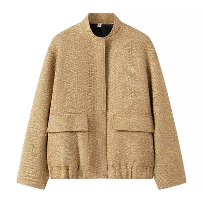 Nlzgmsj Women's Shiny Sequin Jacket – Y2K Gold Stand Collar Long Sleeve Short Coat, Autumn/Winter High Streetwear